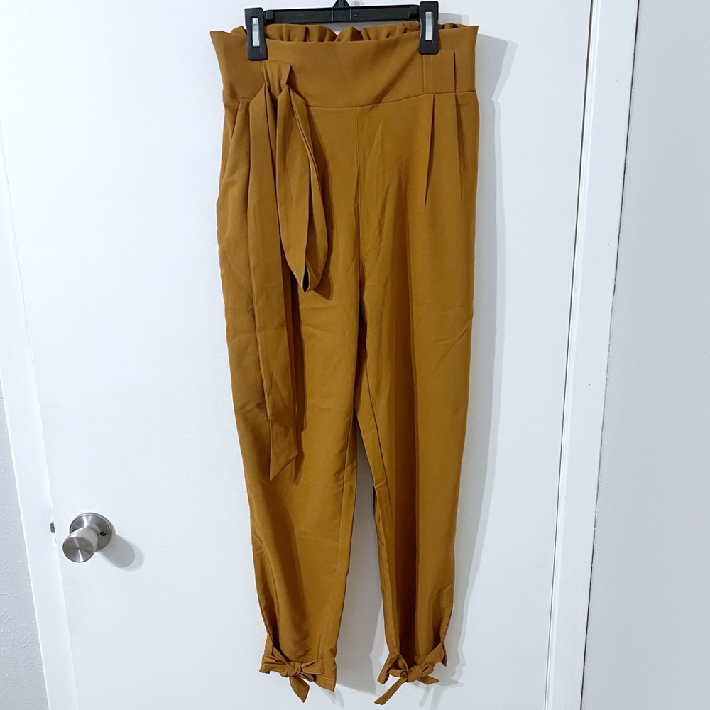 Grace Karin Tan Ankle Cropped Pants with Tie Belt